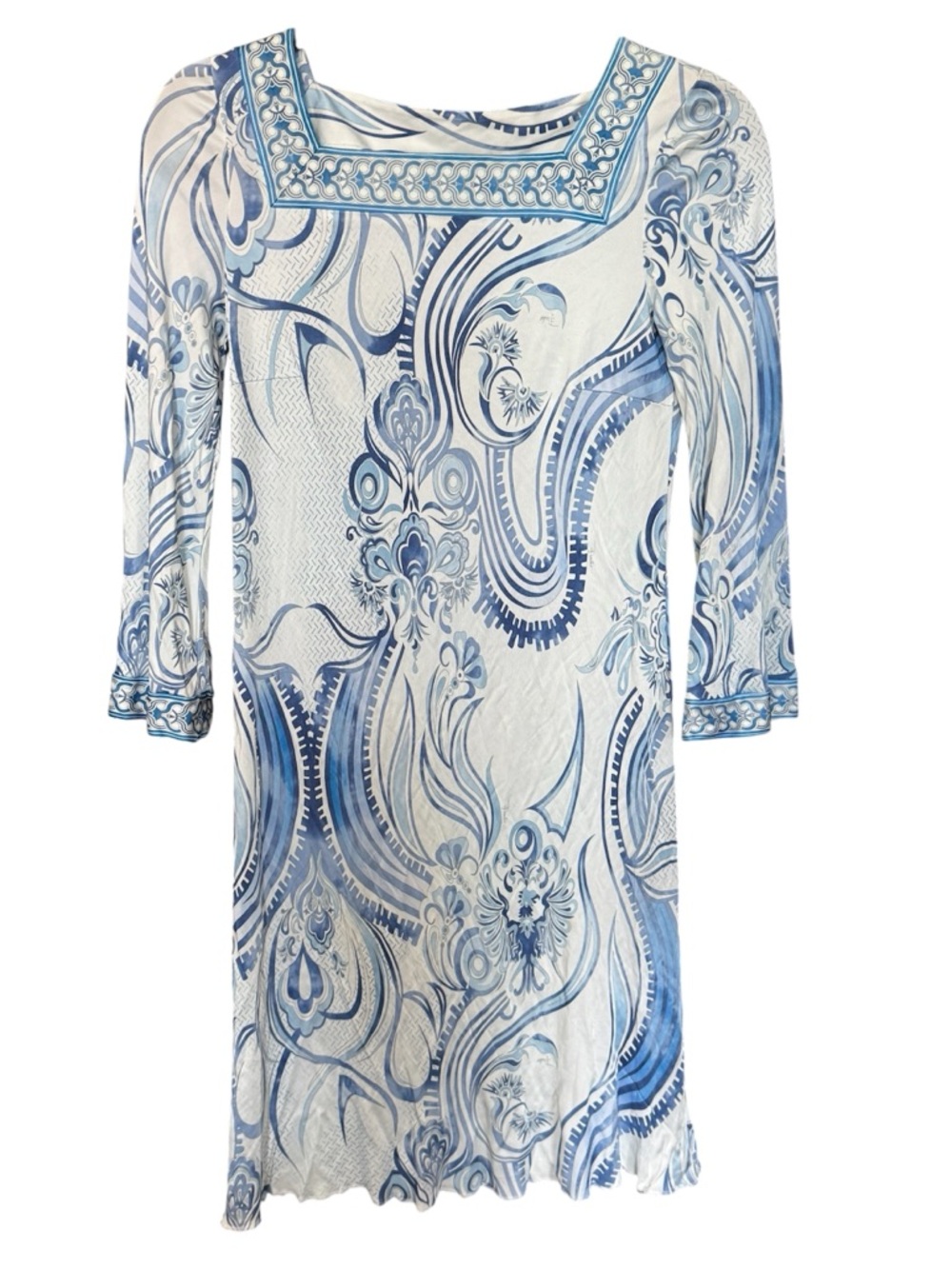 Vintage Emilio Pucci Blue & White Silk Paisley-Style Print Midi Dress (READ)